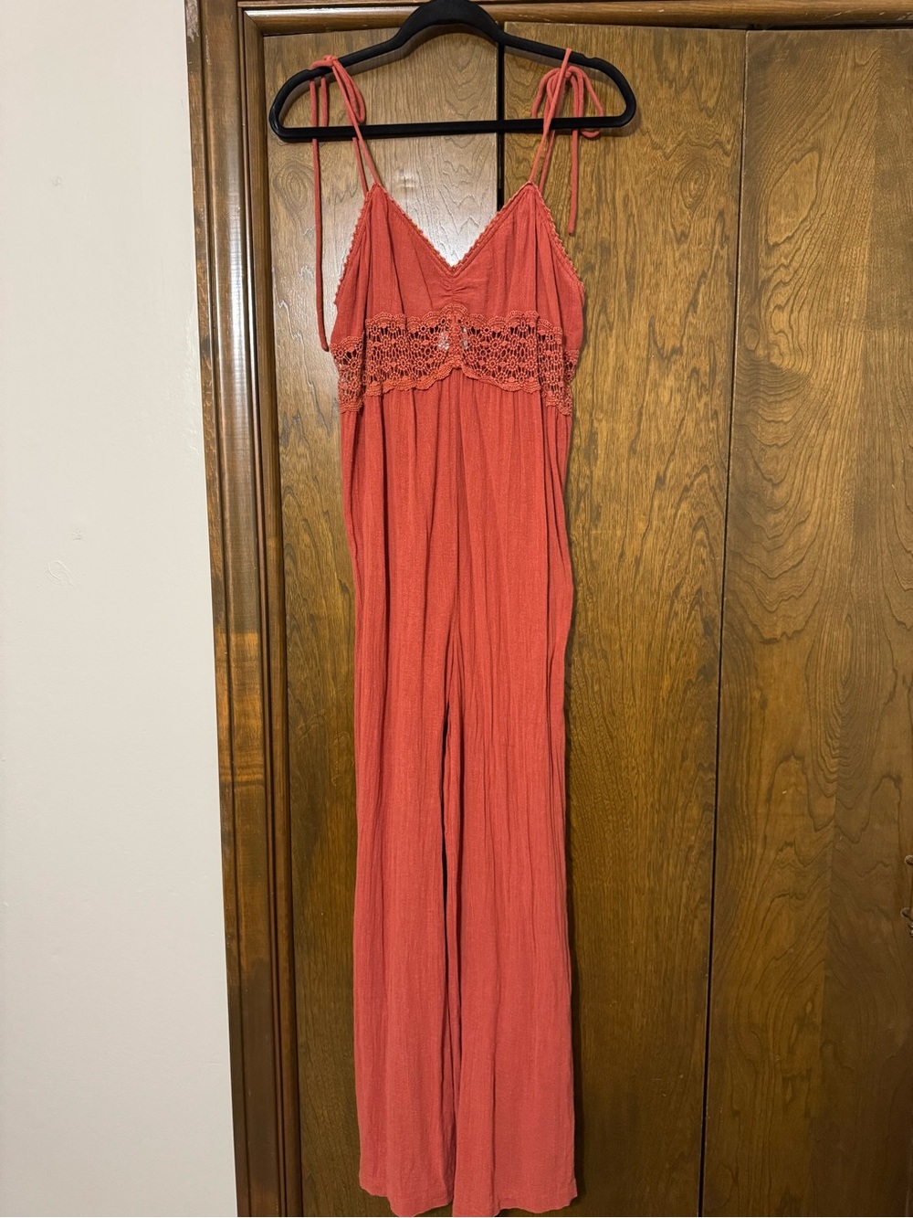 BDG Rust Red Lace-Trim Tie-Shoulder Jumpsuit